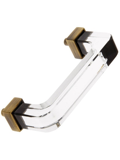 3 inch On Center Square Glass Cabinet Handle With Solid Brass Bases in Antique Brass.